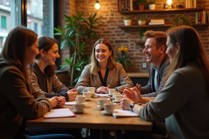 Groupe de personnes discutant autour d'un café lors d'un atelier ou rencontre sociale dans un café chaleureux de Cholet