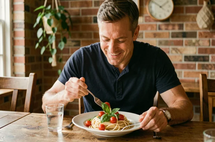 Homme savourant un repas simple de pâtes maison dans une salle à manger conviviale et rustique