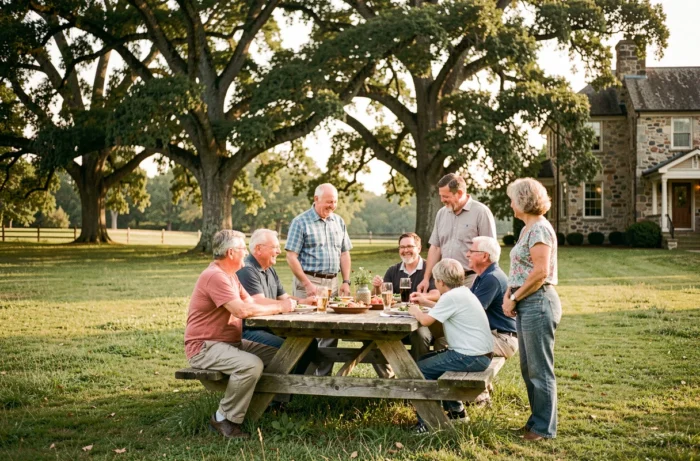 Réunion de famille en plein air autour d'une table en bois sur un domaine familial, illustrant la vie et les traditions de la famille Lagina