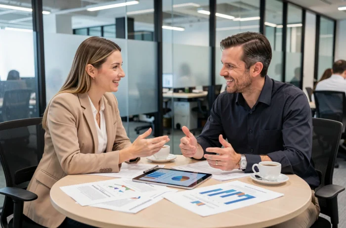 Deux professionnels en réunion comparant les approches de l'intrapreneuriat et de l'entrepreneuriat autour d'un rapport stratégique