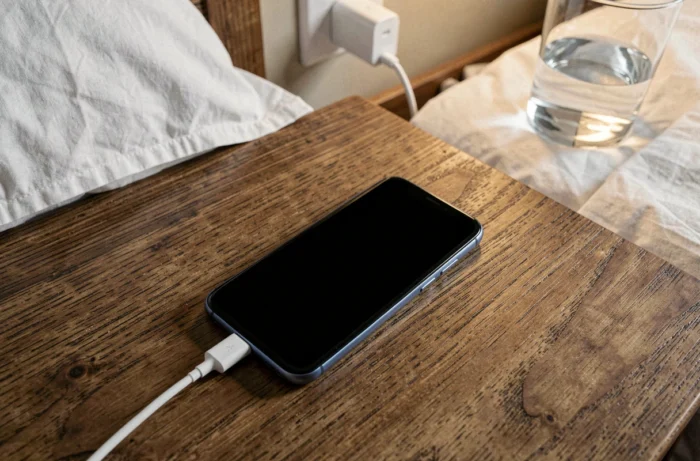 Smartphone Samsung avec écran noir branché en charge sur une table de nuit en bois
