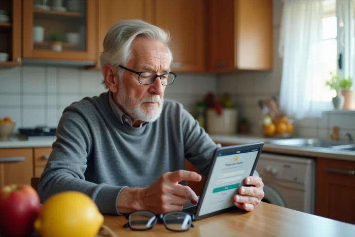 Senior utilisant une tablette numérique pour se connecter à son espace Netsoins depuis sa cuisine, avec des lunettes de lecture posées sur la table