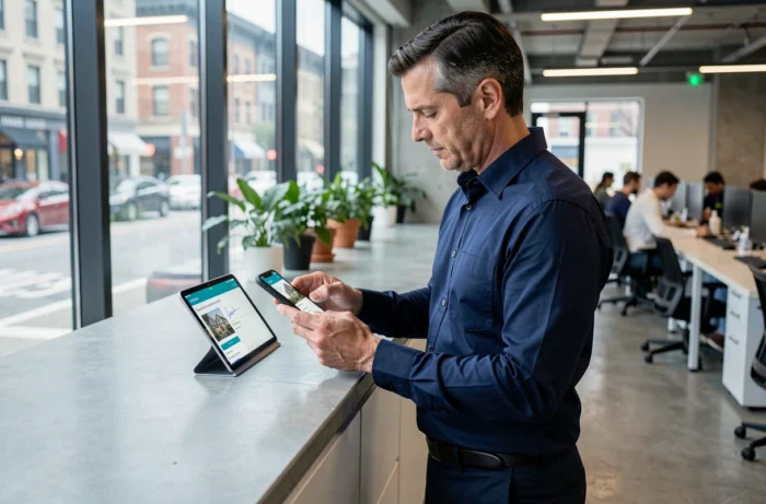 Homme en chemise marine utilisant un service immobilier en ligne sur smartphone dans un espace de coworking moderne