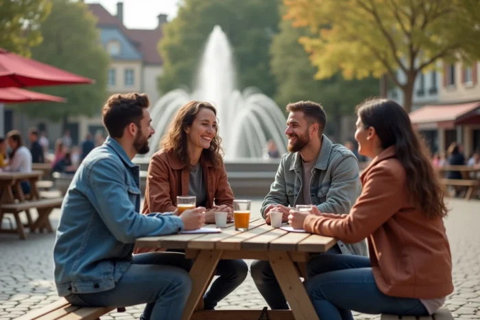Groupe d'amis se retrouvant autour d'une table en bois sur une place publique à Cholet pour une sortie conviviale