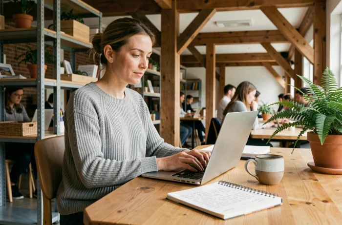 Spécialiste SEO freelance travaillant sur son ordinateur portable dans un espace de coworking en Belgique avec des notes de stratégie de référencement