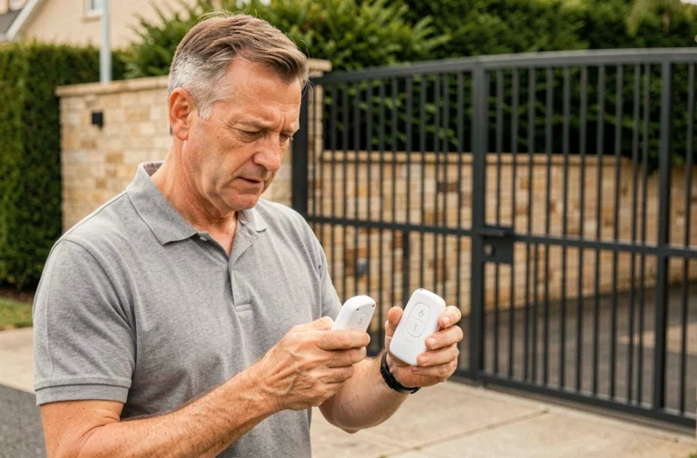 Homme tenant deux télécommandes de portail pour les synchroniser devant un portail coulissant en fer forgé