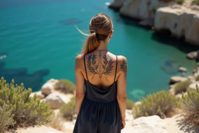 Jeune femme corse avec un tatouage représentant un stylet et des branches d'olivier sur l'épaule, debout sur des rochers calcaires face à une crique turquoise en Corse