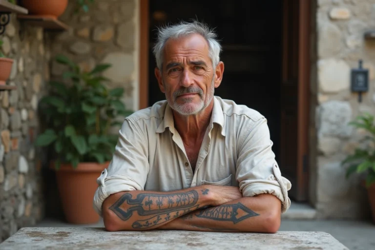 Homme corse aux tatouages traditionnels représentant la Tête de Maure sur les avant-bras, assis devant un mur en pierre d'un village montagnard de Corse