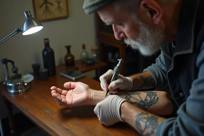 Tatoueur corse âgé travaillant sur un tatouage traditionnel représentant une étoile et des motifs floraux du maquis dans un atelier artisanal à Bastia
