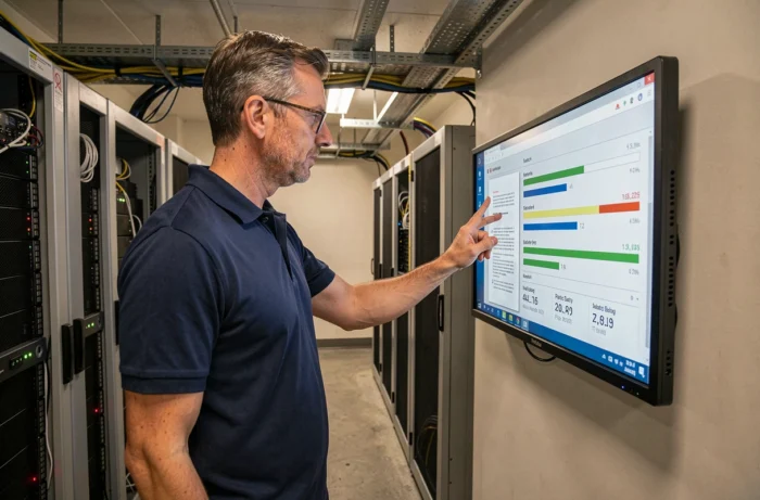Technicien informatique consultant un tableau de bord de numérisation par lots sur un écran tactile dans une salle serveur