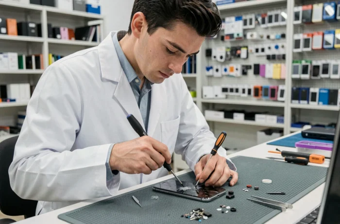 Technicien professionnel réparant un smartphone cassé dans un atelier électronique moderne avec des outils de précision
