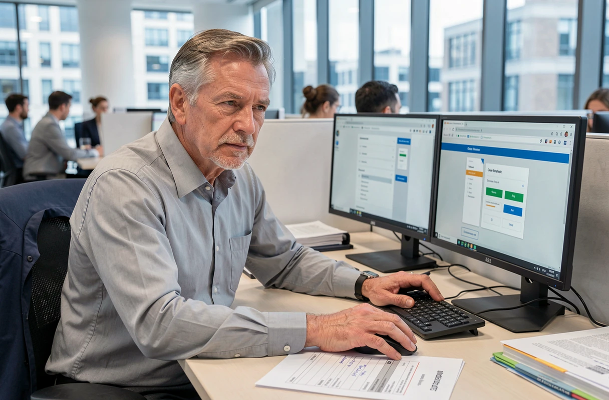 Homme en train de télécharger des documents volumineux sur un portail en ligne depuis un poste de travail de bureau