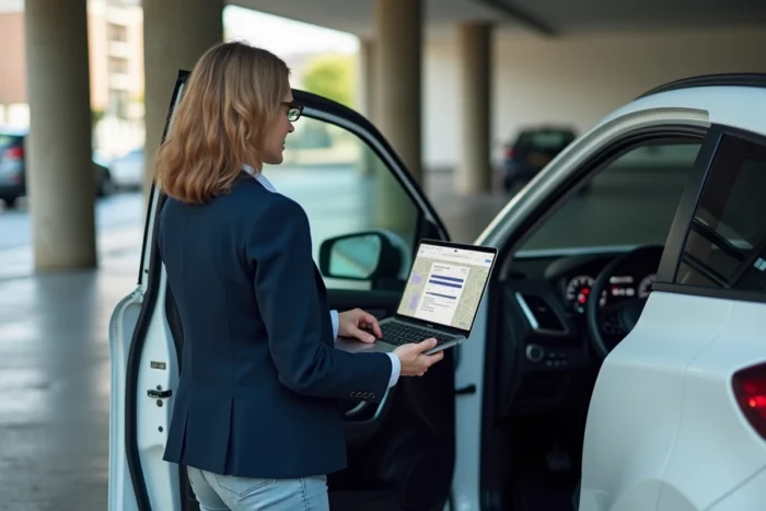Femme consultant un ordinateur portable pour télécharger la mise à jour GPS d'un Citroën C3 Aircross à l'extérieur