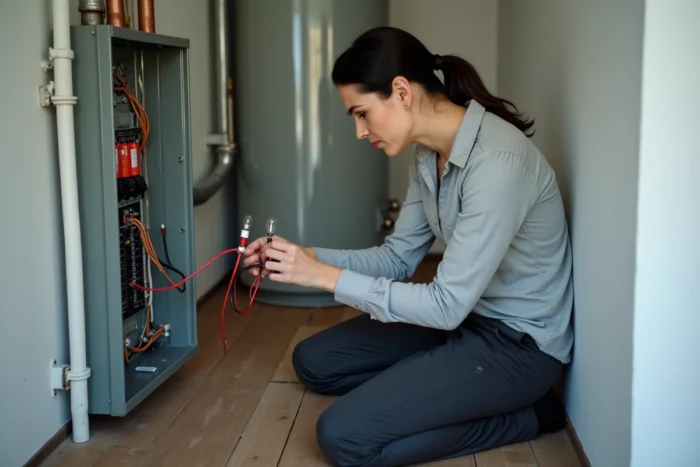 Femme testant une prise de terre avec un dispositif artisanal à ampoule et batterie à l'intérieur d'un tableau électrique domestique