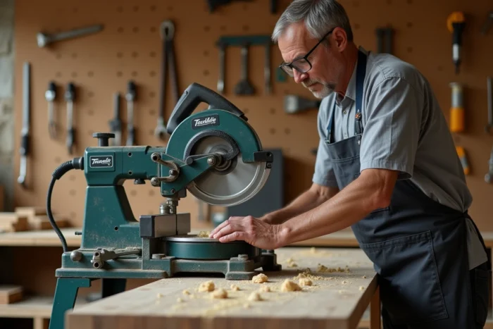 Artisan utilisant la scie radiale Tacklife PMS03A dans un atelier de menuiserie pour couper du bois