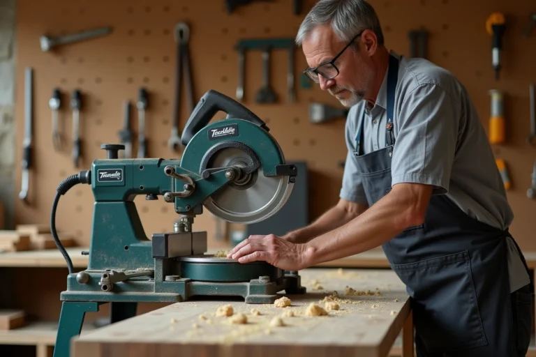 Artisan utilisant la scie radiale Tacklife PMS03A dans un atelier de menuiserie pour couper du bois