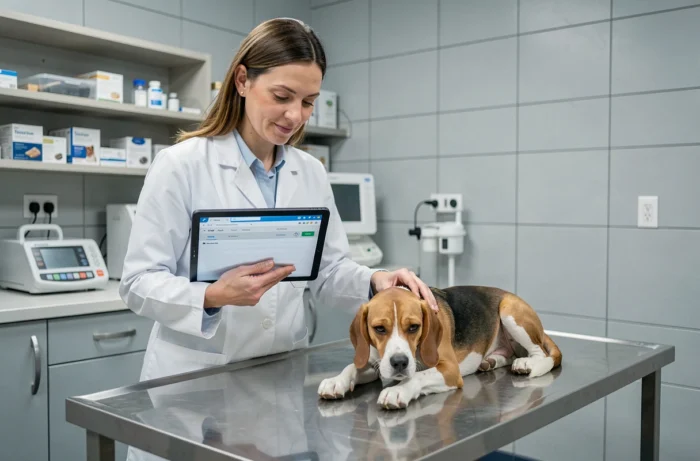 Vétérinaire consultant un dossier médical numérique sur tablette lors d'un examen de chien en clinique vétérinaire