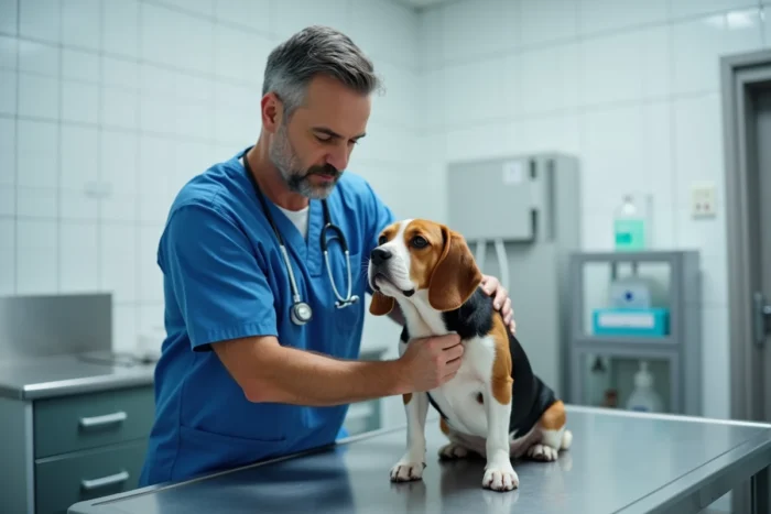 Vétérinaire examinant un beagle calme sur une table d'examen dans une clinique vétérinaire moderne