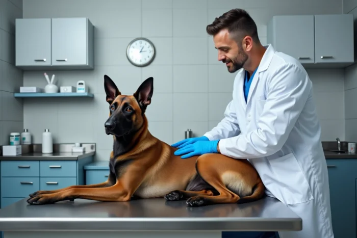 Vétérinaire examinant un Malinois belge adulte sur une table de consultation dans une clinique vétérinaire moderne