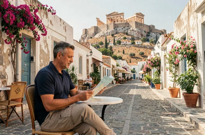 Voyageur consultant une carte à une terrasse de café à Athènes avec l'Acropole en arrière-plan, capitale grecque incontournable