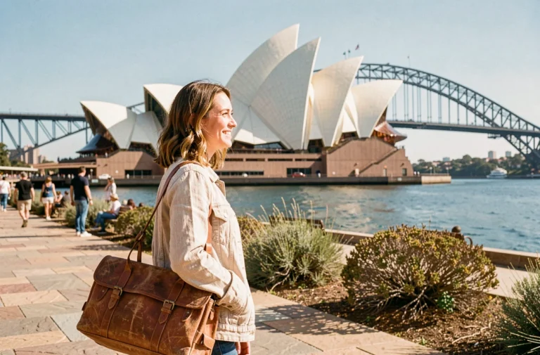 Femme voyageuse devant l'Opéra de Sydney en Australie, capitale à explorer absolument lors d'un tour du monde