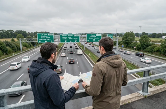 Vue panoramique d'un échangeur d'autoroute française avec des voyageurs consultant une carte routière depuis un pont