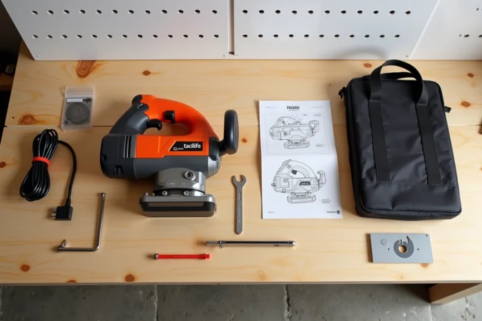 Vue à plat de la scie radiale Tacklife PMS03A avec ses accessoires inclus présentés pour un test complet