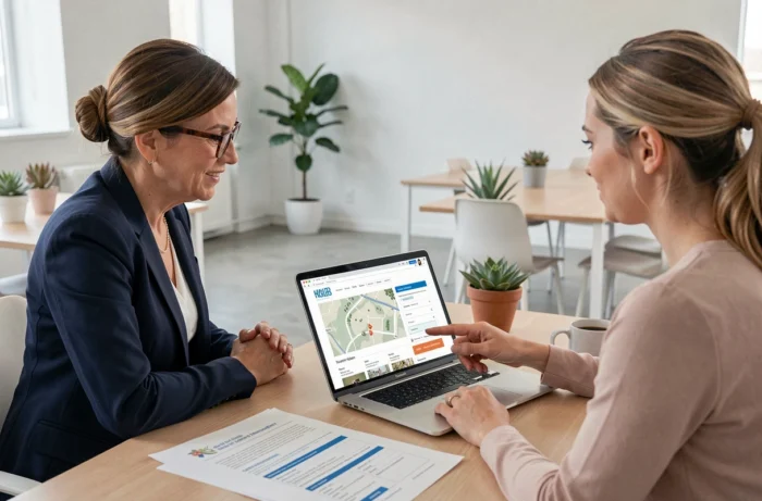 Wedding planner professionnelle montrant un site web de mariage interactif avec plan de site à une future mariée dans un espace de travail moderne